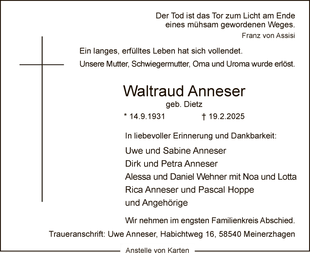  Traueranzeige für Waltraud Anneser vom 22.02.2025 aus WA