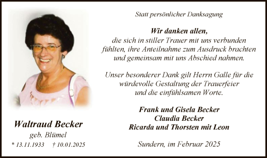 Traueranzeige von Waltraud Becker von WA