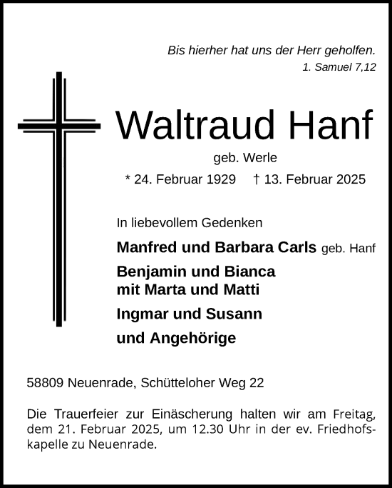 Traueranzeige von Waltraud Hanf von WA