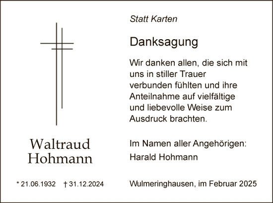 Traueranzeige von Waltraud Hohmann von WA