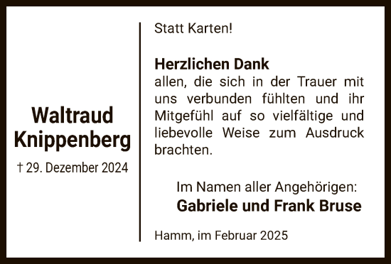 Traueranzeige von Waltraud Knippenberg von WA