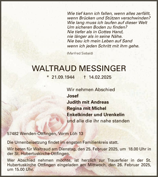 Traueranzeige von Waltraud Messinger von WA
