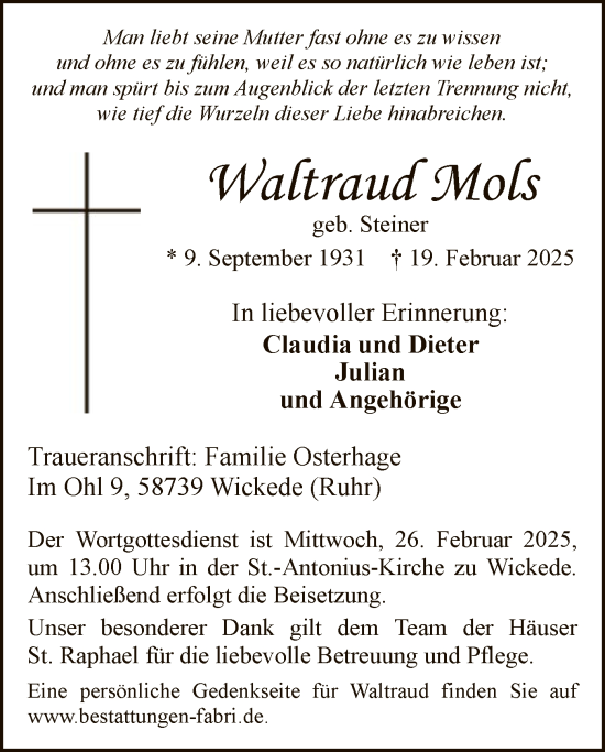 Traueranzeige von Waltraud Mols von WA