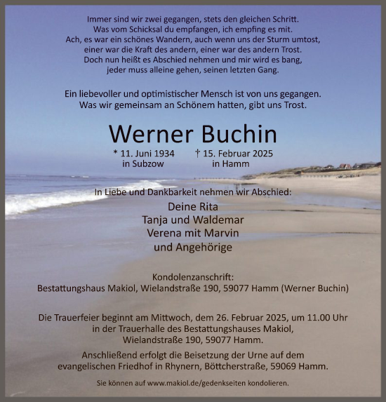 Traueranzeige von Werner Buchin von WA