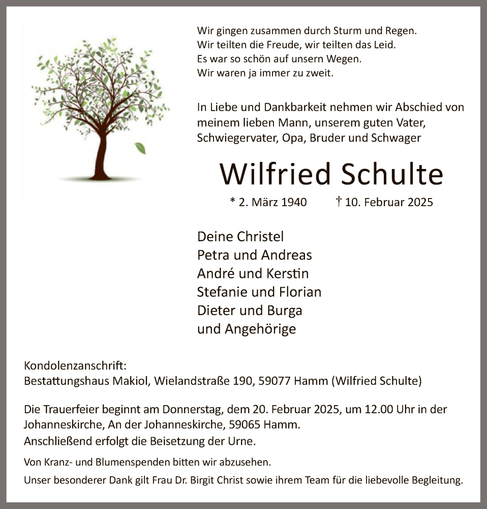  Traueranzeige für Wilfried Schulte vom 15.02.2025 aus WA
