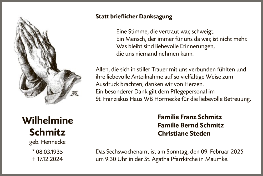  Traueranzeige für Wilhelmine Schmitz vom 01.02.2025 aus WA