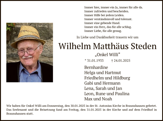 Traueranzeige von Wilhelm Matthäus Steden von WA
