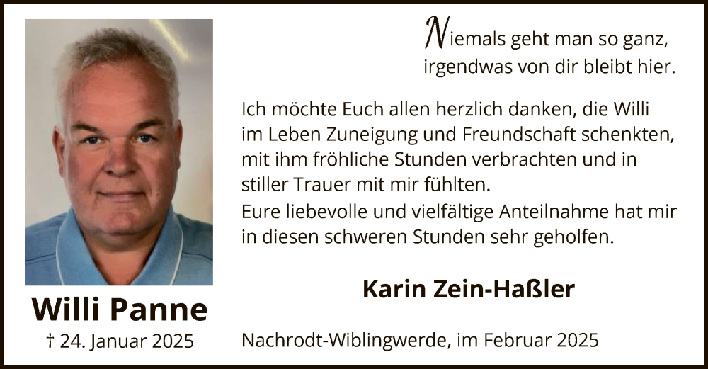  Traueranzeige für Willi Panne vom 21.02.2025 aus WA