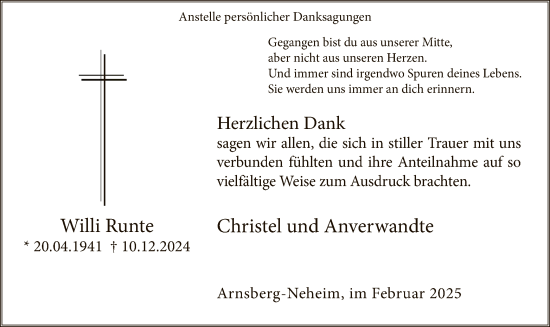 Traueranzeige von Willi Runte von WA