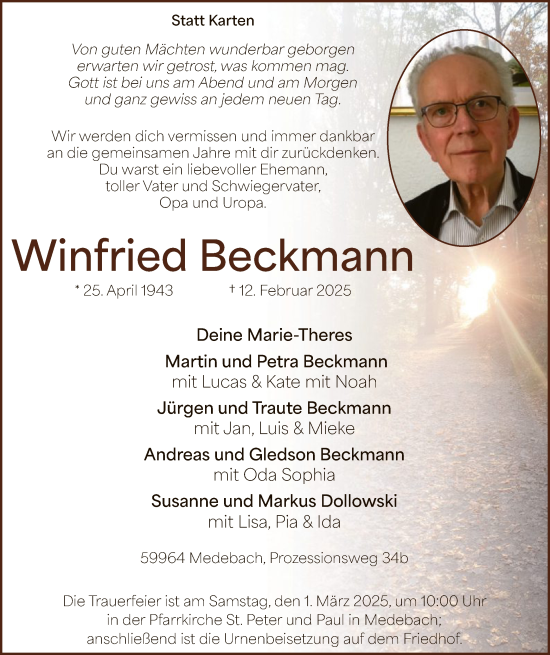 Traueranzeige von Winfried Beckmann von WA