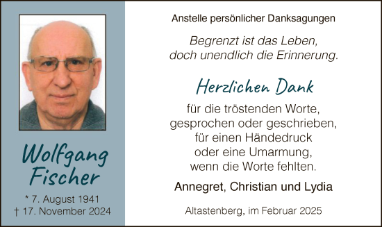 Traueranzeige von Wolfgang Fischer von WA
