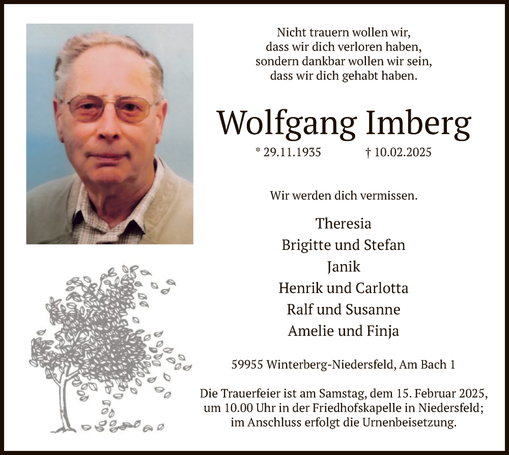  Traueranzeige für Wolfgang Imberg vom 15.02.2025 aus WA