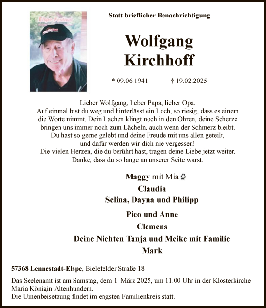 Traueranzeige von Wolfgang Kirchhoff von WA