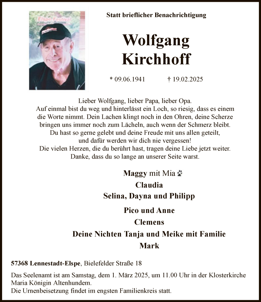  Traueranzeige für Wolfgang Kirchhoff vom 22.02.2025 aus WA