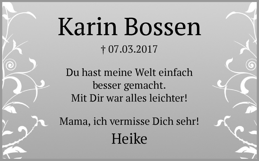  Traueranzeige für Karin Bossen vom 07.03.2025 aus MZV