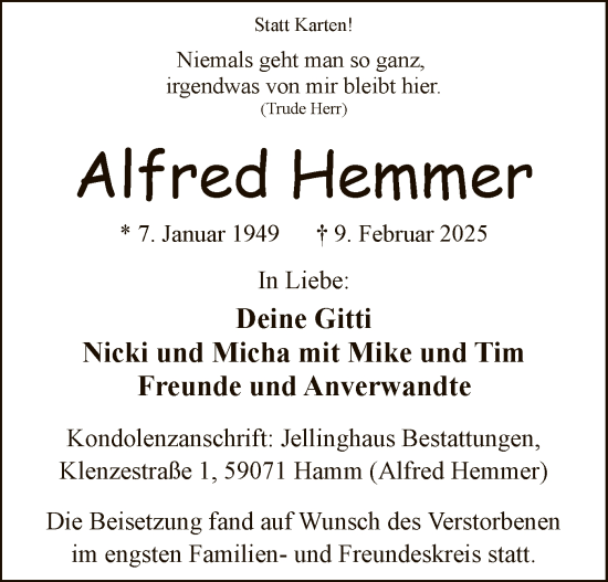 Traueranzeige von Alfred Hemmer von WA