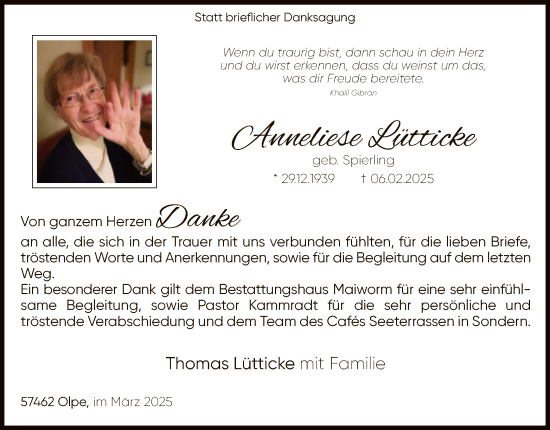 Traueranzeige von Anneliese Lütticke von WA