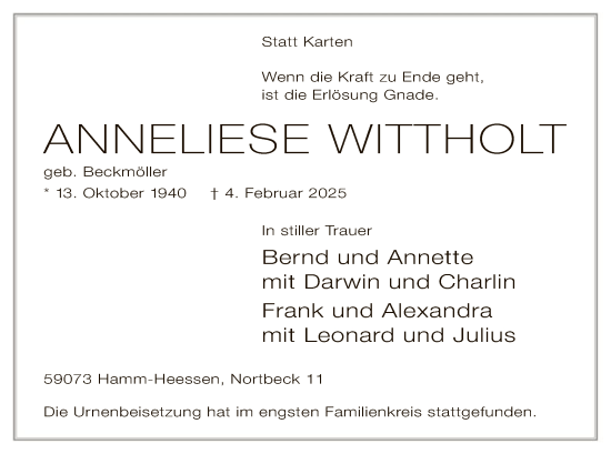 Traueranzeige von Anneliese Wittholt von WA