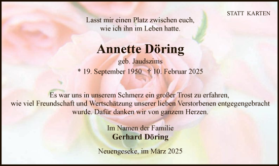 Traueranzeige von Annette Döring von WA