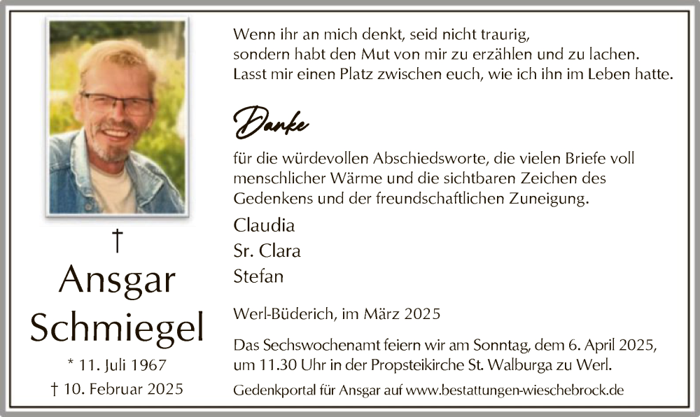  Traueranzeige für Ansgar Schmiegel vom 22.03.2025 aus WA