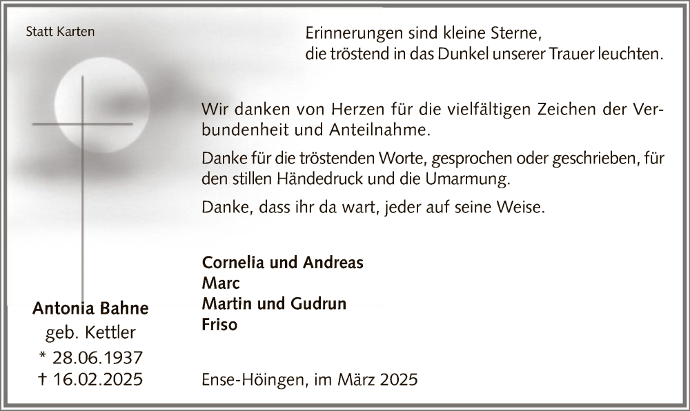  Traueranzeige für Antonia Bahne vom 18.03.2025 aus WA