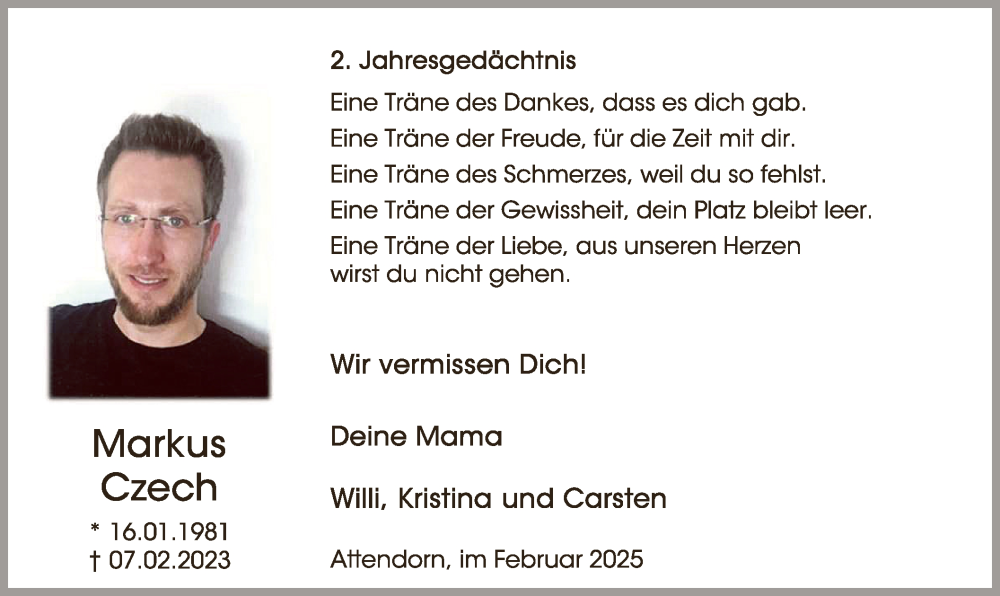  Traueranzeige für Markus Czech vom 14.03.2025 aus WA 