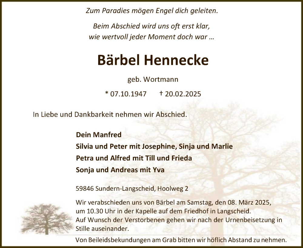  Traueranzeige für Bärbel Hennecke vom 01.03.2025 aus WA