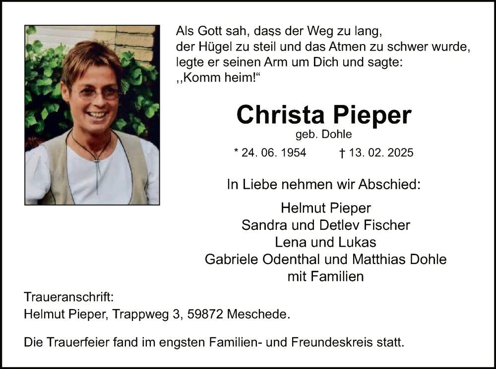  Traueranzeige für Christa Pieper vom 01.03.2025 aus WA