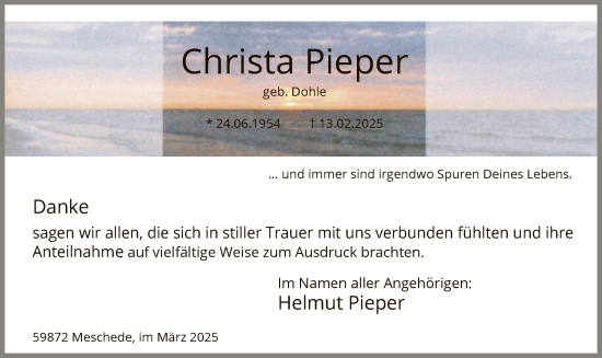 Traueranzeige von Christa Pieper von WA