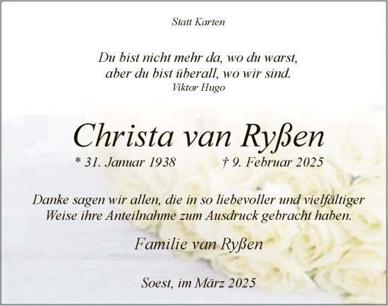 Traueranzeige von Christa van Ryßen von WA