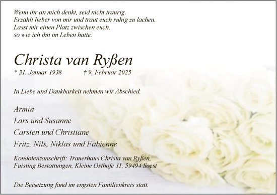 Traueranzeige von Christa van Ryßen von WA