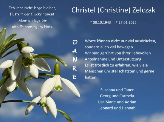 Traueranzeige von Christel Zelczak von WA