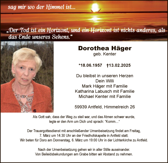 Traueranzeige von Dorothea Häger von WA