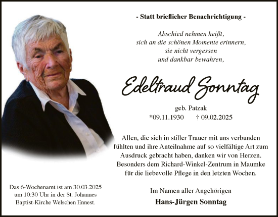Traueranzeige von Edeltraud Sonntag von WA