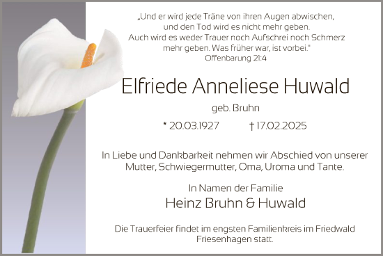 Traueranzeige von Elfriede Anneliese Huwald von WA
