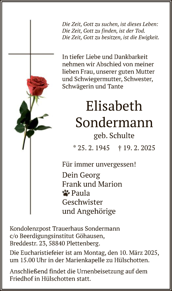 Traueranzeige von Elisabeth Sondermann von WA
