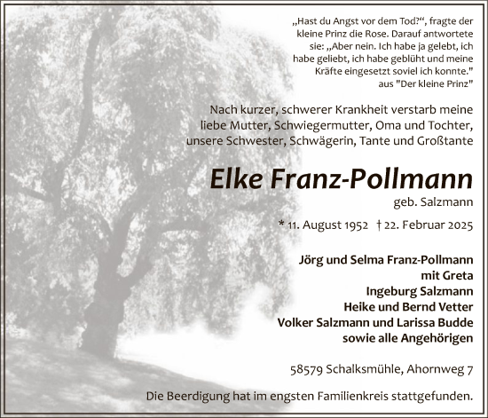Traueranzeige von Elke Franz-Pollmann von WA