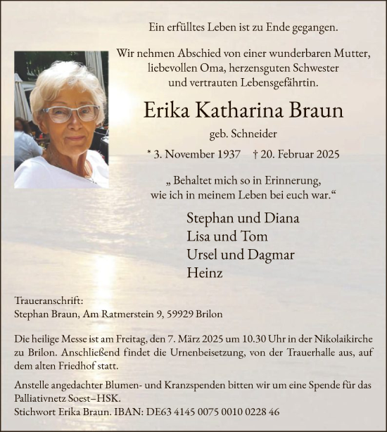 Traueranzeige von Erika Katharina Braun von WA