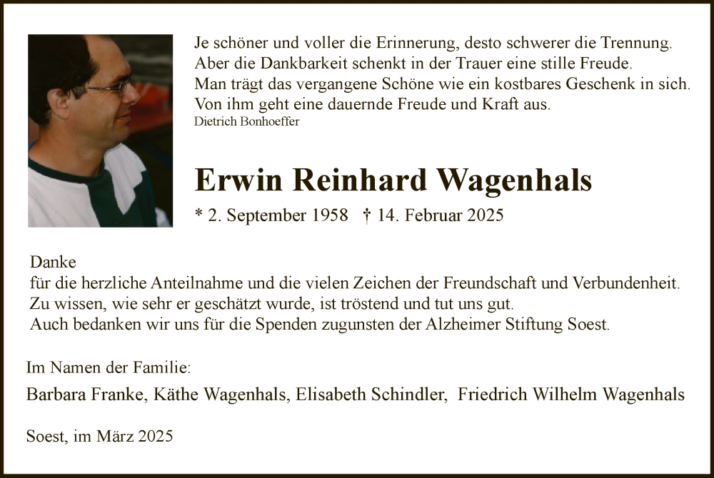  Traueranzeige für Erwin Reinhard Wagenhals vom 22.03.2025 aus WA