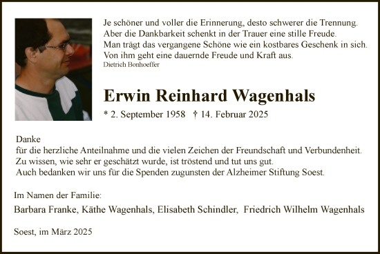 Traueranzeige von Erwin Reinhard Wagenhals von WA