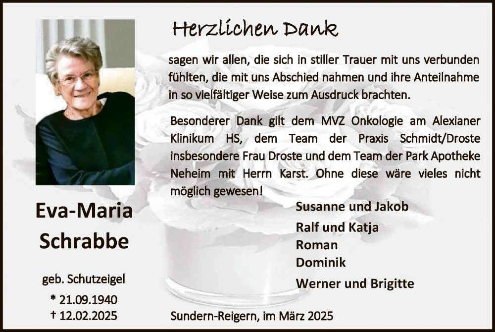  Traueranzeige für Eva-Maria Schrabbe vom 22.03.2025 aus WA