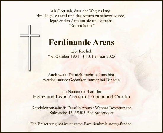 Traueranzeige von Ferdinande Arens von WA