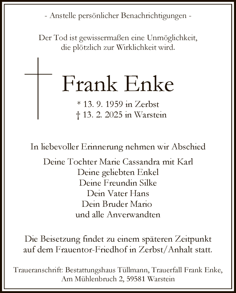  Traueranzeige für Frank Enke vom 01.03.2025 aus WA