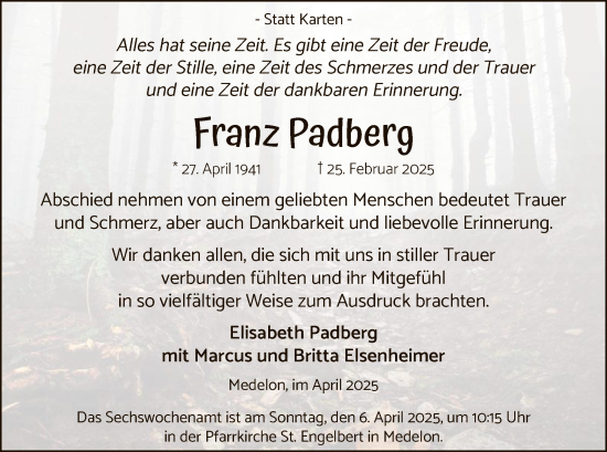 Traueranzeige von Franz Padberg von WA