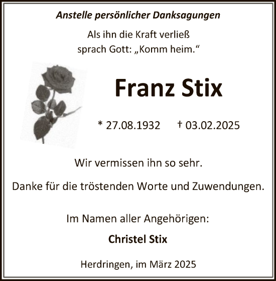 Traueranzeige von Franz Stix von WA
