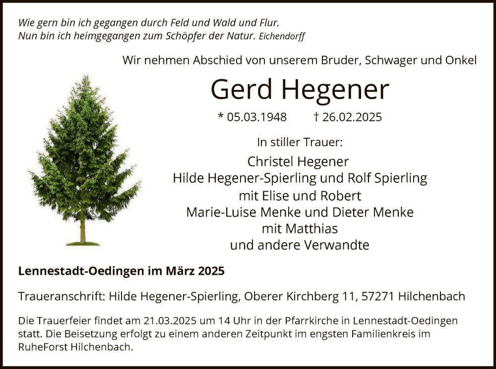  Traueranzeige für Gerd Hegener vom 08.03.2025 aus WA