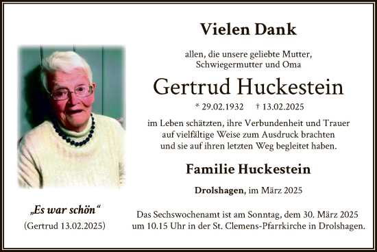 Traueranzeige von Gertrud Huckestein von WA