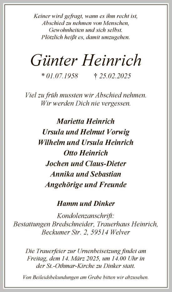 Traueranzeige von Günter Heinrich von WAWA