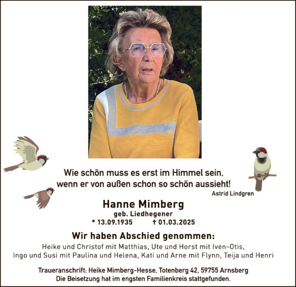 Traueranzeige für Hanne Mimberg vom 15.03.2025 aus WA