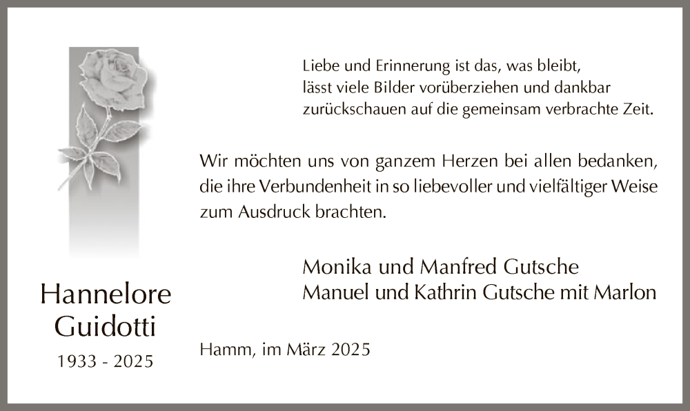  Traueranzeige für Hannelore Guidotti vom 22.03.2025 aus WA